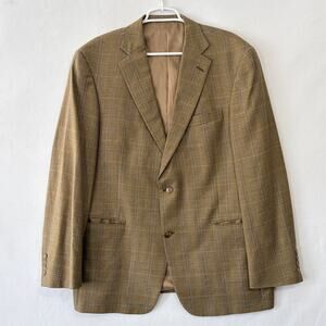 Hart Schaffner Marx 44R Blazer Sport Coat Tan Plaid Wool USA Mens